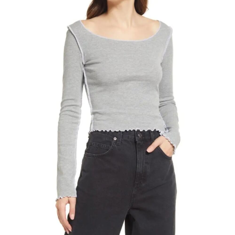 NEW TOPSHOP NORDSTROM Gray Long Sleeve Lettuce Edge T-Shirt Size 4-6